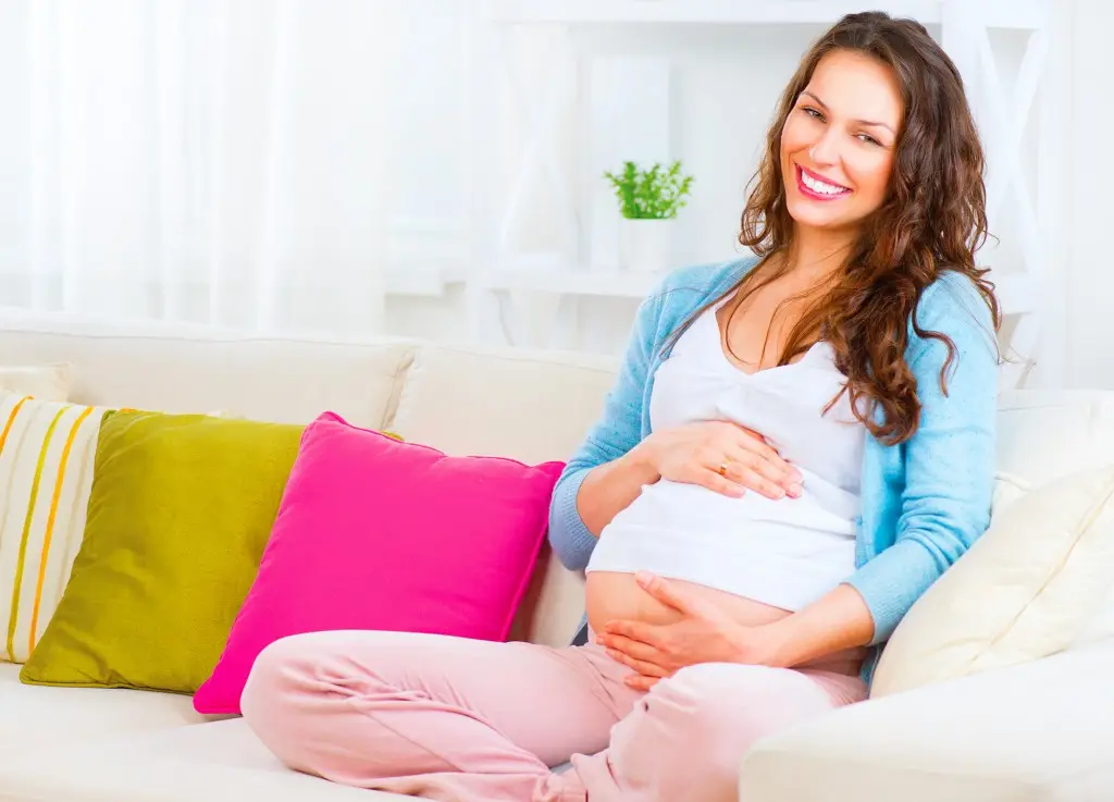 Pregnant Happy smiling Woman sitting on a sofa and caressing her